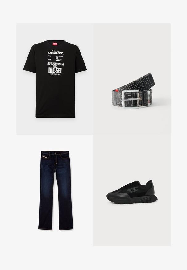Schwarzes Baumwoll-T-Shirt mit kräftigen weißen Textgrafiken, darunter "DIESEL" und "INDUSTRY", mit rundem Halsausschnitt und kurzen Ärmeln.; Dunkelblaue Jeans aus Denim mit geradem Bein, ausgestattet mit orangefarbenen Nähten, einem Reißverschluss und Vordertaschen. Glatte Textur und Standardbund.; Schwarzer Low-Top-Sneaker mit strukturierter Sohle, Mesh- und Lederoberseite, Schnürung vorne und kleinem eingeprägtem Logo auf dem Seitenpanel.; Schwarzer Diesel-Gürtel mit großem weißen Logotext, rechteckiger silberner Schnalle und gebrandetem Metallschlaufen-Detail, aufgewickelt auf hellem Hintergrund.