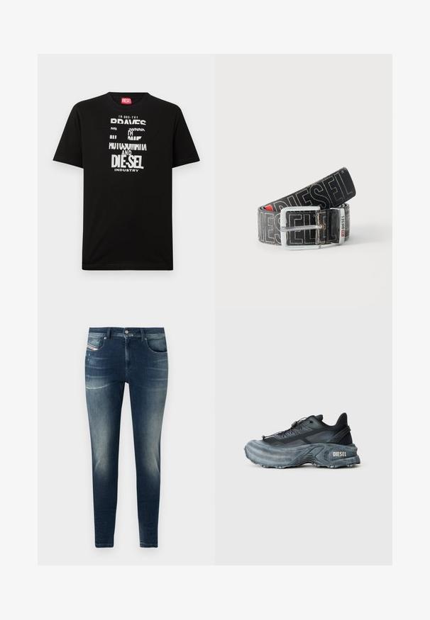 Schwarzes Baumwoll-T-Shirt mit kräftigen weißen Textgrafiken, darunter "DIESEL" und "INDUSTRY", mit rundem Halsausschnitt und kurzen Ärmeln.; Dunkelblaue Denim-Jeans mit Slim-Fit, ausgestattet mit einem ausgewaschenen Look, leichten Abschürfungen und klassischem Fünf-Taschen-Design.; Schwarz- und graue Diesel-Sneaker mit dicker Sohle, Schnürverschluss und strukturiertem Design auf einem schlichten hellgrauen Hintergrund.; Schwarzer Diesel-Gürtel mit großem weißen Logotext, rechteckiger silberner Schnalle und gebrandetem Metallschlaufen-Detail, aufgewickelt auf hellem Hintergrund.