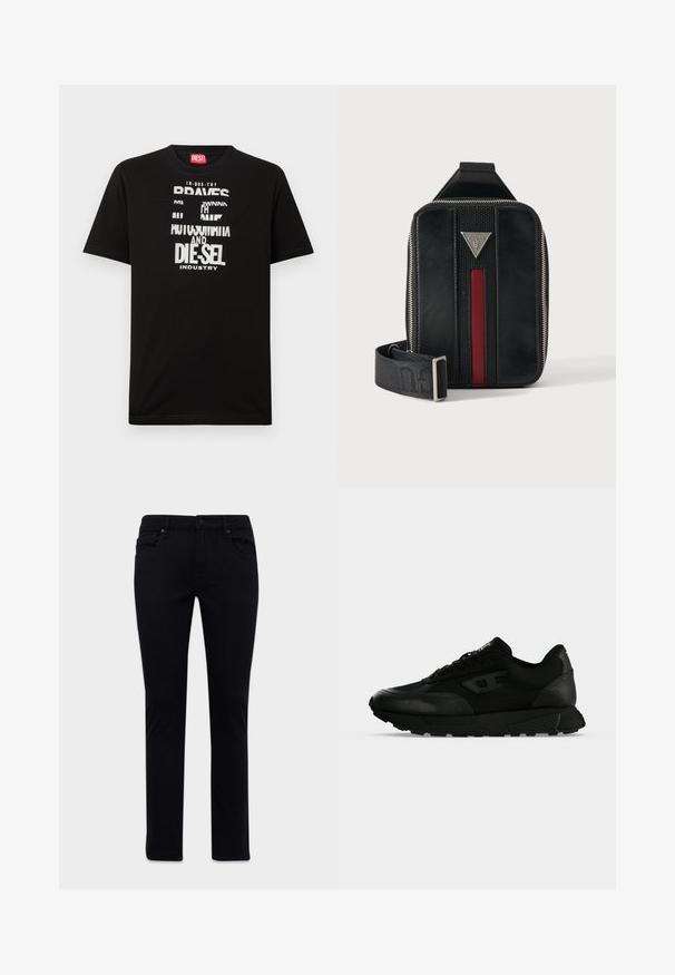 Schwarzes Baumwoll-T-Shirt mit kräftigen weißen Textgrafiken, darunter "DIESEL" und "INDUSTRY", mit rundem Halsausschnitt und kurzen Ärmeln.; Schwarze Slim-Fit-Jeans mit Vorder- und Rückentaschen, Gürtelschlaufen und Knopfverschluss, auf einem weißen Hintergrund präsentiert.; Schwarzer Low-Top-Sneaker mit strukturiertem Leder und Stoffpaneelen, Schnürverschluss und dicker Gummisohle auf einfachem hellem Hintergrund.; Schwarze Leder-Umhängetasche mit rotem vertikalem Streifen, silbernen Reißverschlüssen, dreieckigem Metall-Logo und verstellbarem Stoffriemen.