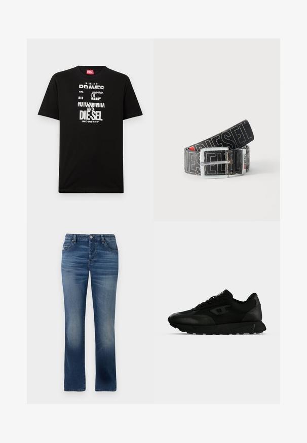 Zwart katoenen T-shirt met opvallende witte tekstgrafieken, waaronder "DIESEL" en "INDUSTRY", met een ronde hals en korte mouwen.; Donkerblauwe denim jeans met een rechte pijp, voorzien van zijzakken, subtiele vervaging en een klassieke knoopsluiting bij de taille.; Zwarte lage sneaker met gestructureerd leer en stoffen panelen, vetersluiting en dikke rubberen zool op een effen lichte achtergrond.; Zwarte Diesel-riem met grote witte logotekst, rechthoekige zilveren gesp en merkmetal lusdetail, opgerold op een lichte achtergrond.