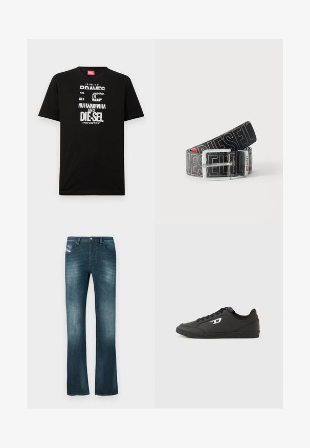 T-shirt noir en coton avec des graphismes textuels blancs audacieux, incluant "DIESEL" et "INDUSTRY", avec un col rond et des manches courtes.; Jeans en denim bleu foncé avec une légère décoloration, coupe droite, deux poches avant et une petite étiquette de marque sur la poche droite.; Baskets synthétiques noires avec une semelle noire texturée, un bout rond et des lacets plats noirs. Logo blanc remarquablement placé sur le côté extérieur.; Ceinture noire Diesel avec grand texte logo blanc, boucle rectangulaire en argent, et détail de boucle métallique brandée, enroulée sur un fond clair.
