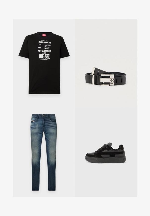 Μαύρο βαμβακερό T-shirt με έντονα λευκά γραφικά κειμένου, συμπεριλαμβανομένων των λέξεων "DIESEL" και "INDUSTRY", με στρογγυλή λαιμόκοψη και κοντά μανίκια.; Σκούρο μπλε τζιν παντελόνι με ίσια γραμμή, με ξεβαμμένο σχέδιο στα πόδια, πέντε τσέπες και κούμπωμα με κουμπί στη μέση.; Μαύρο αθλητικό παπούτσι με συνδυασμό λείων και υφασμάτινων υλικών, με στρογγυλεμένη μύτη, παχύ πέλμα και κλείσιμο με κορδόνια. Μινιμαλιστικός σχεδιασμός με διακριτικές λεπτομέρειες.; Μαύρη δερμάτινη ζώνη με ασημί μεταλλική αγκράφα που φέρει τη λέξη «DIESEL». Η ζώνη διαθέτει αρκετές τρύπες ρύθμισης κατά μήκος της.