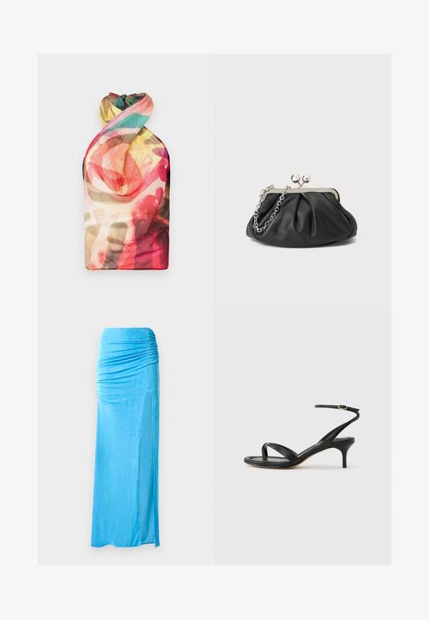 Paolina Russo WRAPPED HALTER - Top - acid brown; Modrá velúrová maxi sukňa s nariasením v oblasti pásu, s bočným rozparkom a hladkou textúrou pre plynulý siluetu.; Čierne kožené sandále pre ženy s tenkými remienkami, očkom na palec, prackou na členku a stredne vysokým ihličkovým podpätkom na neutrálom pozadí.; Čierna kožená kabelka s vrúbkovou textúrou, strieborným kovovým rámom, uzáverom na pobozkanie a retiazkou na nosenie. Hladký, jemný povrch.