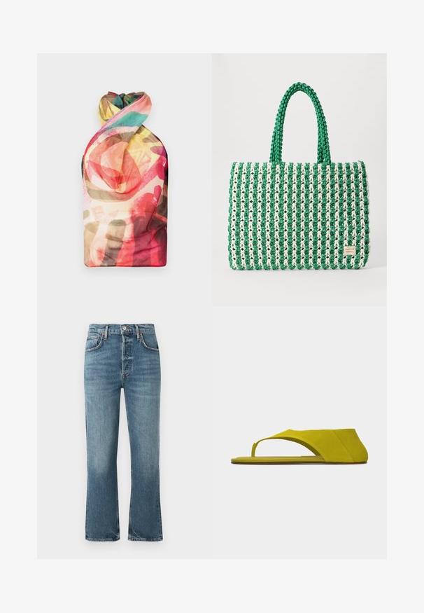 Paolina Russo WRAPPED HALTER - Débardeur - acid brown; Jean en denim bleu clair avec taille haute, design à jambe droite et décoloration subtile. Présente un style classique à cinq poches et une fermeture à bouton en métal.; Sandale plate en daim jaune-vert avec une large bride et une boucle pour l'orteil, vue de profil sur fond blanc.; Sac fourre-tout tissé vert et blanc avec une forme rectangulaire structurée, une finition texturée et deux poignées solides. Présente une étiquette de logo sur le côté.