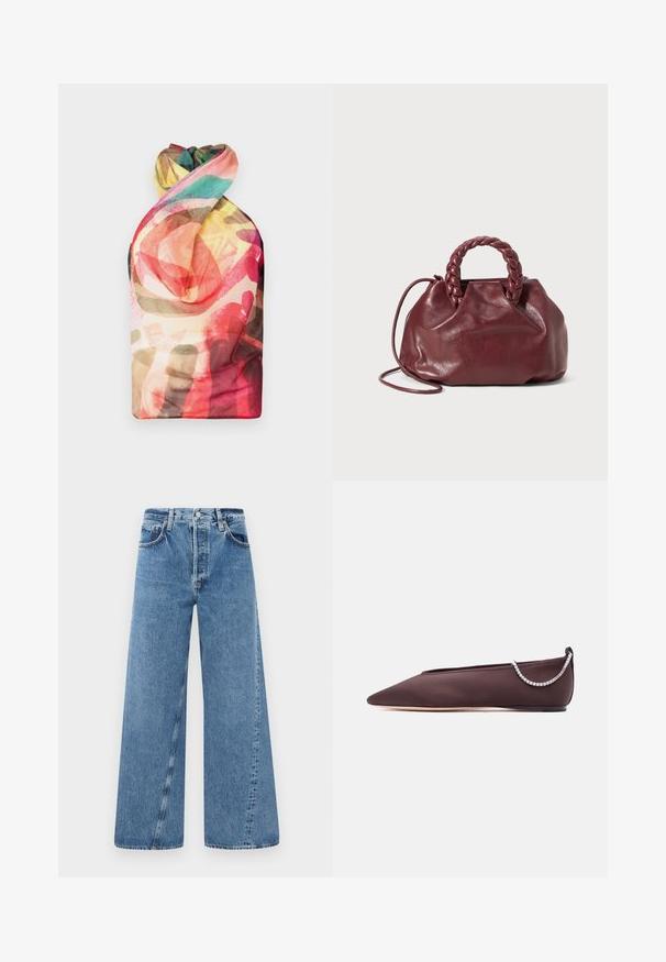 Paolina Russo WRAPPED HALTER - Top - acid brown; Weite blaue Denim-Jeans mit hohem Bund, Knopfverschluss und Fronttaschen. Der Stoff hat eine feine Textur und eine ausgewaschene Optik.; Dunkelbrauner flacher Schuh mit spitz zulaufender Spitze, niedrigem Absatz und einer silbernen Strasssteinkette auf der Rückseite.; Burgunderfarbene Lederhandtasche mit geflochtenem Griff, weicher Textur und runder Form. Verfügt über einen abnehmbaren Schultergurt für vielseitige Tragemöglichkeiten.