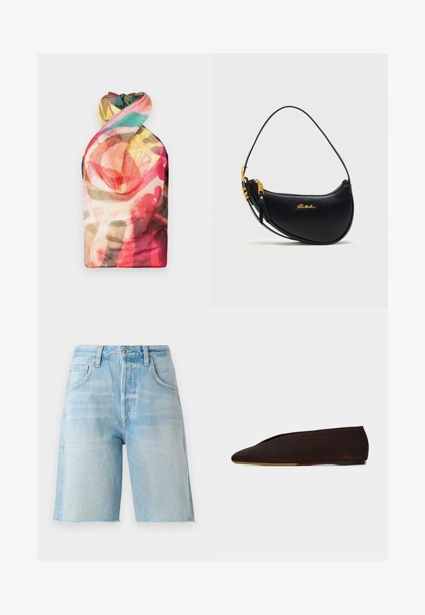 Paolina Russo WRAPPED HALTER - Topp - acid brown; Heledad sinise denim-lyhendid kõrgema vöökoht, viie tasku ja toore äärisega. Pehme tekstuur ja klassikaline lõige, sobivad igapäevaseks kandmiseks.; Tumepruuni sametise tekstuuriga madala kontsaga platvaba king, millel on terav nina, kujutatud valgel taustal külgvaates.; Mustast nahast poolkuukujuline käekott kuldse luku, reguleeritava rihma ja väikese kuldse "Steve Madden" logoga ees.