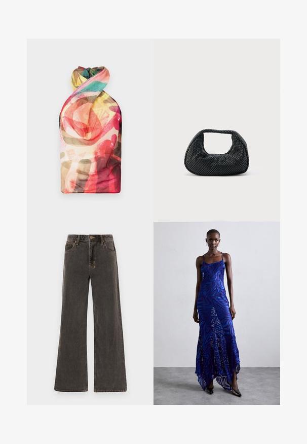 Paolina Russo WRAPPED HALTER - Top - acid brown; Bredde jeans i mørkegrå denim. Har høj talje, fem lommer og kontrasterende guld-syninger. Subtil slitage giver et struktureret udseende.; Blå og lilla dyreprint maxi kjole med tynde stropper, en tætsiddende bodice, flagrende kant og gennemsigtig overlay-detaljering.; Sort flettet hobo-taske med blød struktur og integreret håndtag, vist på en ensfarvet lys baggrund.
