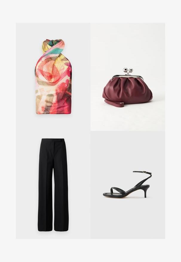 Paolina Russo WRAPPED HALTER - Top - acid brown; Pantalones negros de pierna ancha con una textura suave y mate. Cintura plana sin herrajes visibles ni patrones. Diseño simple y elegante.; Sandalia negra de cuero para mujer con tiras finas, un lazo para el dedo del pie, hebilla en el tobillo y tacón de aguja de altura media sobre un fondo neutro.; Pequeño bolso de mano de cuero burdeos con cierre metálico plateado y correa de muñeca sobre un fondo blanco.