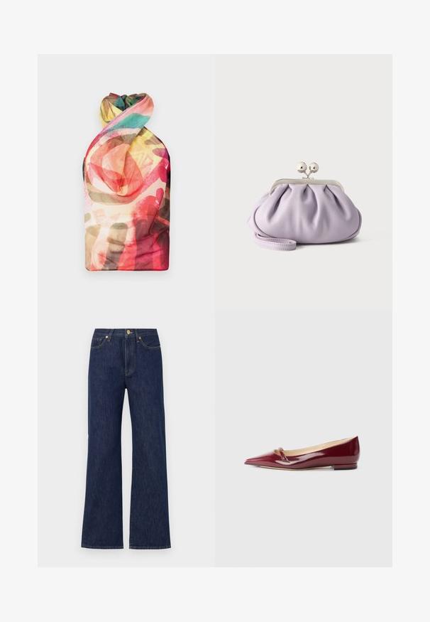 Paolina Russo WRAPPED HALTER - Top - acid brown; Mørkeblå vidde jeans lavet af denim. Har en knaplukning, forlommer og kontrasterende syninger. Ren, klassisk design.; Bordeaux patenteret læderballerinaer med spids tå, der har en lille udskæring og en lav hæl. Glat tekstur og elegant design.; Blød lavendel clutch med opsamlet stof, sølv kiss-lock lås og matchende håndledsrem på en ensfarvet lys baggrund.