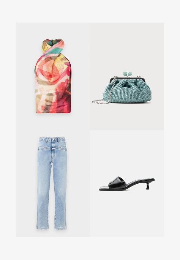 Paolina Russo WRAPPED HALTER - Débardeur - acid brown; Jean en denim bleu clair avec taille haute et coupe droite. Présente un léger délavage, un design standard à cinq poches, et une fermeture à bouton en métal.; Mule ouverte en cuir verni noir avec un petit talon kitten bas et une large bride sur les orteils, présentée en profil sur un fond uni.; Petit sac pochette tissé bleu clair avec une chaîne argentée et une fermeture à boucle ronde sur le dessus.