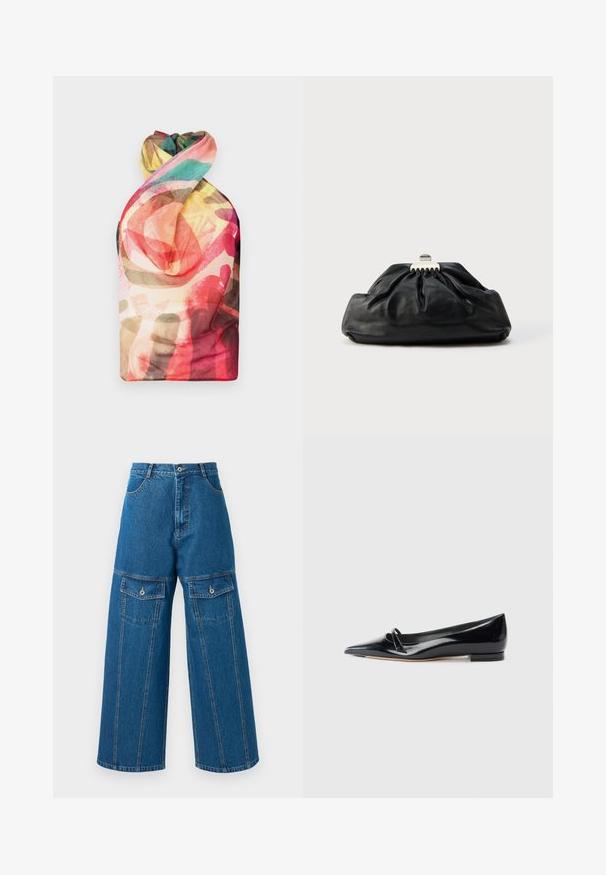 Paolina Russo WRAPPED HALTER - Top - acid brown; Lichte blauwe denim broek met wijd uitlopende pijpen, hoge taille, zichtbare stiksels en twee met knopen sluitende flapzakken aan elke kant.; Zwarte gepatenteerde leren platte schoen met een puntige neus, een kleine decoratieve band en een lage blokhak. Gladde textuur en strak ontwerp.; Zwarte leren clutch met een geplooide textuur, metalen sluiting en een subtiel geperst logo aan de voorkant. Afgeronde vorm.