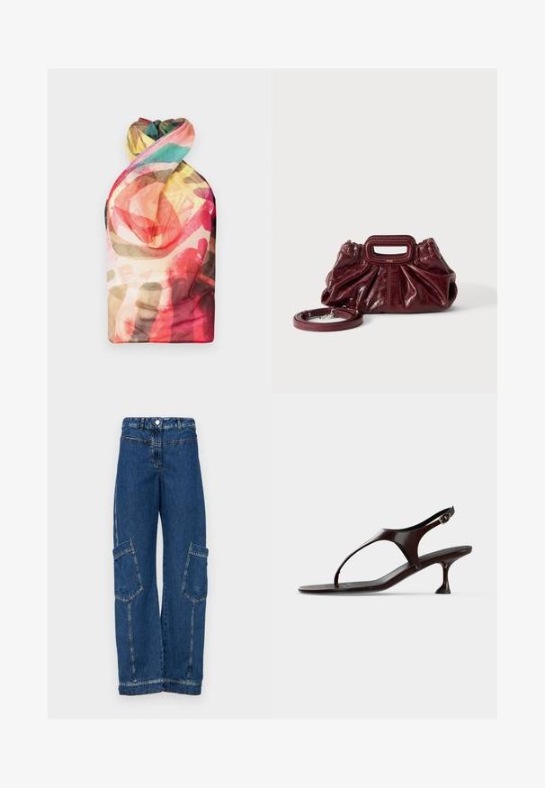 Paolina Russo WRAPPED HALTER - Top - acid brown; Blå denim cargo bukser med høj talje, brede ben, to store sidelommer samt traditionelle nitter og syninger.; Mørkebrun laklædersandal med rem bagpå, lille hæl og tårem på hvid baggrund.; Lille mørkerød læderhåndtaske med opsamlet struktur, rektangulært håndudskåret håndtag og aftagelig skulderrem på hvid baggrund.