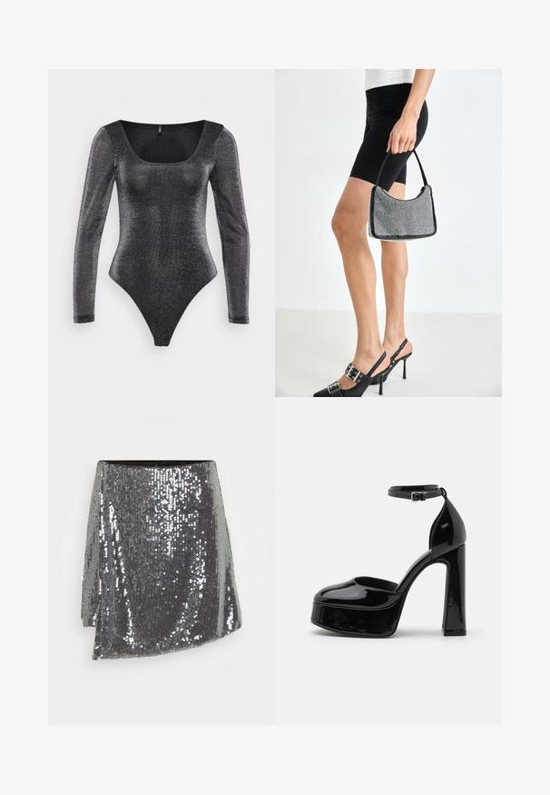 Body noir à manches longues en tissu brillant et texturé. Présente un décolleté carré et des ouvertures de jambe dégagées.; Jupe mini en sequins argentés avec un design croisé, présentant une surface texturée et un ourlet légèrement asymétrique.; Talons compensés en cuir verni noir avec une bride à la cheville, bout arrondi et talon épais, affichant une texture lisse et brillante.; Sac à main à perles noires avec une silhouette courbée, une poignée de transport et une texture brillante. Porté avec des chaussures à talons hauts noires et un short noir ajusté.