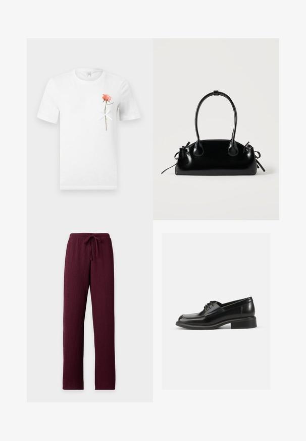 T-shirt blanc à manches courtes avec une seule rose rose et un nœud blanc noué autour de sa tige sur le côté gauche de la poitrine.; Pantalon bordeaux texturé avec jambes droites et taille élastique munie d’un cordon de serrage assorti.; Chaussure habillée en cuir noir avec une texture lisse, bout rond, laçage à deux œillets et un talon carré solide. Design simple sans motifs.; Petit sac à main noir brillant avec deux longues anses et des détails à cordon sur les côtés sur un fond clair uni.