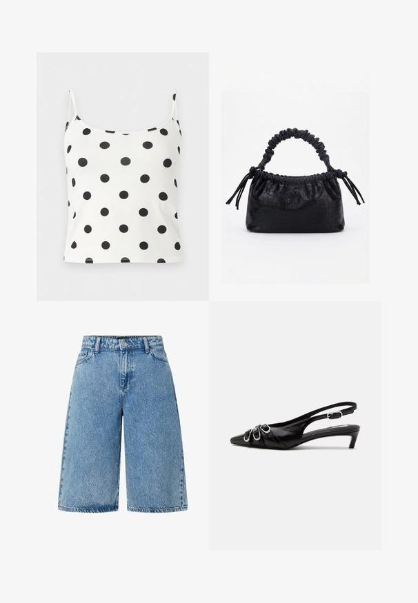 Biely crop top na tenkých ramienkach s rovnomerne rozmiestnenými čiernymi bodkami.; Džínsové kraťasy svetlomodrej farby s voľným strihom, klasickým päťvreckovým dizajnom a textúrovanou látkou so zvädnutým povrchom.; Čierna kožená slingback obuv so špicatou špičkou, tromi striebornými prackami vpredu a nízkym kitten podpätkom na bielom pozadí.; Čierna kabelka s krokodíľou textúrou, riaseným horným okrajom, zhromaždenou rukoväťou a šnúrkami s strapcami na každej strane na bielom pozadí.