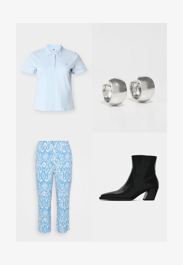 Lyseblå kortærmet polo-shirt med krave, fire knapper og lille logo på venstre bryst.; Lysblå capri bukser med et hvidt geometrisk mønster. Fremstillet af et blødt, strækbart materiale med en elastisk talje.; Sortlæder ankelstøvle med spids tå, en slank silhuet og en kraftig firkantet hæl. Glat tekstur med minimale stikninger.; Uncommon Matters SCULPTURAL LARGE CREOLE - Øreringe - silver-coloured