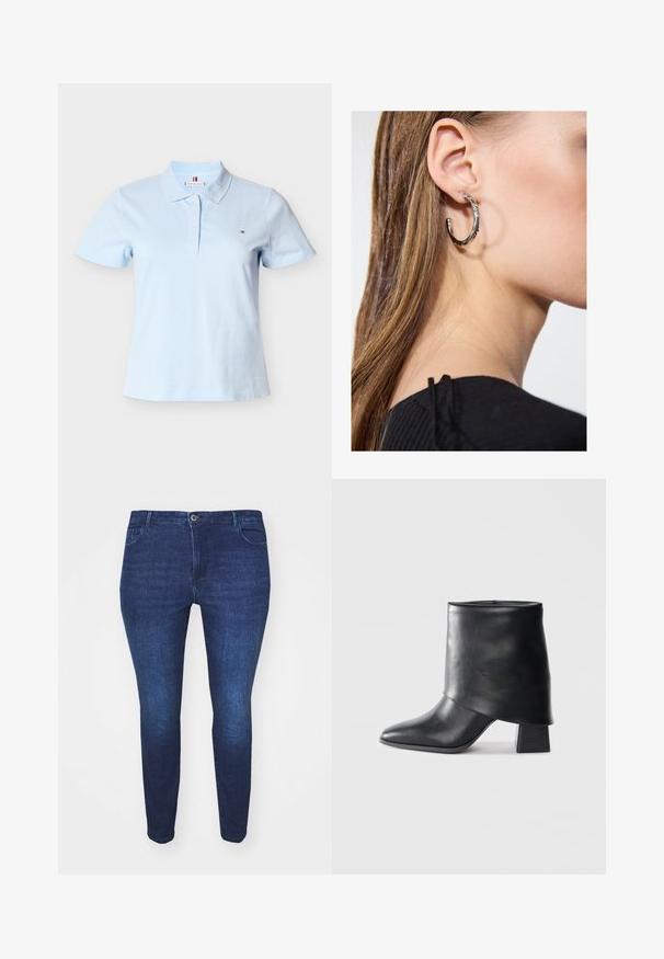Lyseblå kortærmet polo-shirt med krave, fire knapper og lille logo på venstre bryst.; Mørkeblå slim-fit denim jeans med frontknap og lommer, vist fra forsiden mod en hvid baggrund.; Sort læder ankelstøvle med spids tå, glat tekstur og en struktureret blokhæl. Har et højt, foldet kravedesign.; Sølv hoop ørestik med en poleret overflade, prydet med små guld accenter og en rund form, båret på øreflippen.