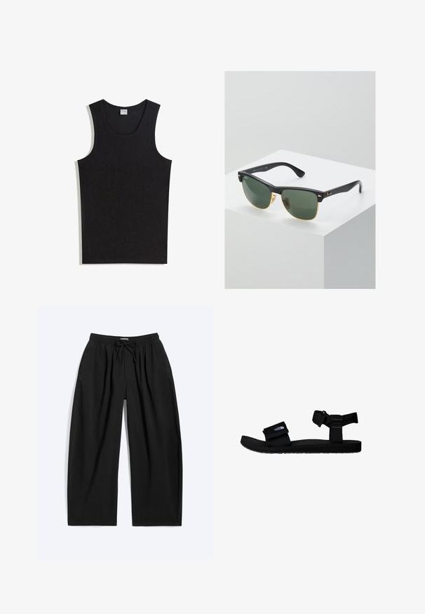 Sort tanktop lavet af bomuld med rund halsudskæring og ærmeløs design. Glat tekstur uden synlige mønstre eller accenter.; Sorte vidde bukser med elastisk taljebånd og snøre, med sidelommer og afslappet pasform.; Sorte sandaler med justerbare stofremme, tekstureret gummisål og et logo-patch. Designet til komfort og udendørs brug.; Ray-Ban solbriller med grønne linser, sorte plastikstel og gyldne detaljer ved kanterne. Firkantet form med mat finish.