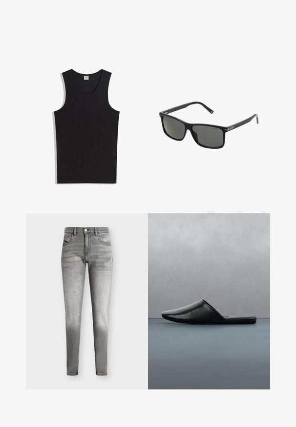 Débardeur noir en coton, doté d'un col rond et d'une coupe sans manches. Texture lisse sans motifs ni accents visibles.; Jean slim gris délavé avec un design à cinq poches et une fermeture par boutons, présenté sur un fond uni.; Mule en cuir noir à enfiler flottant au-dessus de carreaux en bois carrés avec des cailloux, un petit arbre et un sol en pierre en arrière-plan flou.; Lunettes de soleil en plastique noir avec des verres rectangulaires, des verres polarisés et des accents métalliques sur la monture pour une durabilité accrue.