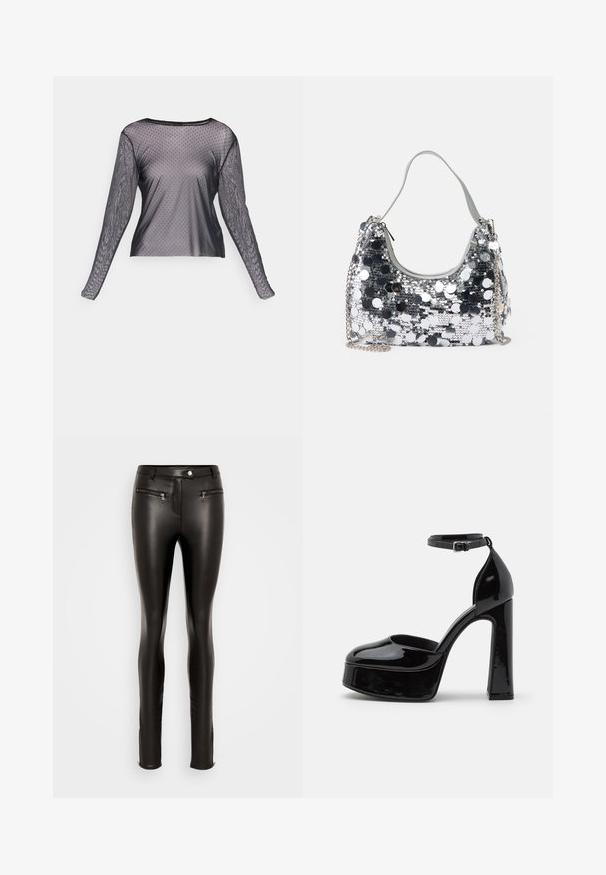 ONLY ONLLIV DOT - Camiseta de manga larga - black; ONLY Tall ONLJENNA ZIP - Pantalones - black; Zapatos de tacón de charol negro con plataforma y correa al tobillo, punta redondeada y tacón cuadrado, que muestran una textura lisa y brillante.; Bolso de mano plateado con forma redondeada, una asa suave y una correa de cadena plateada. Presenta un cierre de cremallera y acentos reflectantes.