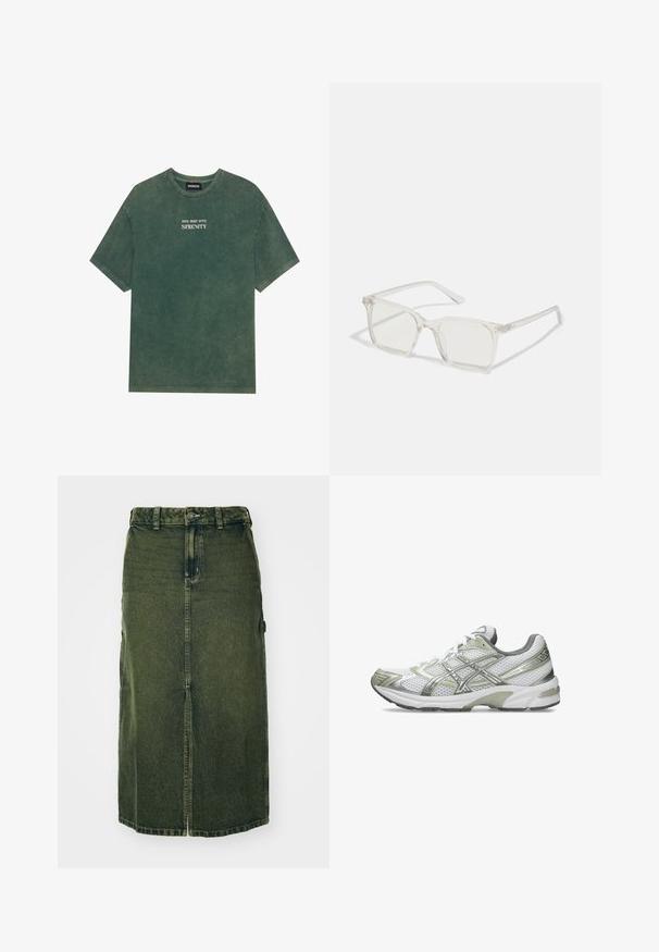 Camiseta de algodón verde con cuello redondo y mangas cortas. Presenta un texto impreso en blanco, desvanecido, que dice "SUMÉRGETE EN LA SERENIDAD". Textura suave.; Falda de mezclilla verde con un corte a media longitud, abertura frontal, cierre de botón y trabillas para cinturón. Su textura es ligeramente deslavada, con bolsillos laterales.; Zapatilla de correr blanca con parte superior de malla, acentos metálicos plateados, capuchón de talón gris y suela de goma. Presenta un diseño texturizado y cordones.; Gafas cuadradas de plástico transparente con lentes translúcidos, que cuentan con acentos dorados en las patillas para un detalle adicional.