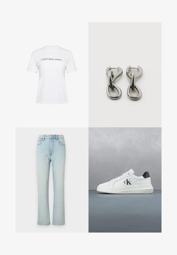 Hvid bomulds-T-shirt med rund hals og korte ærmer, med teksten "Calvin Klein Jeans" i sort tryk på tværs af brystet.; Lyseblå jeans med høj talje og lige ben, med forreste knap, bæltestropper og klassisk femlomme design mod en ensfarvet baggrund.; Hvide lavtoppede sneakers med sort hælkænke, platformssål, snørebånd og Calvin Klein "CK" logo på siden.; Par af sølvtonede metale øreringe med abstrakt sammenflettet løbedesign på hvid baggrund.