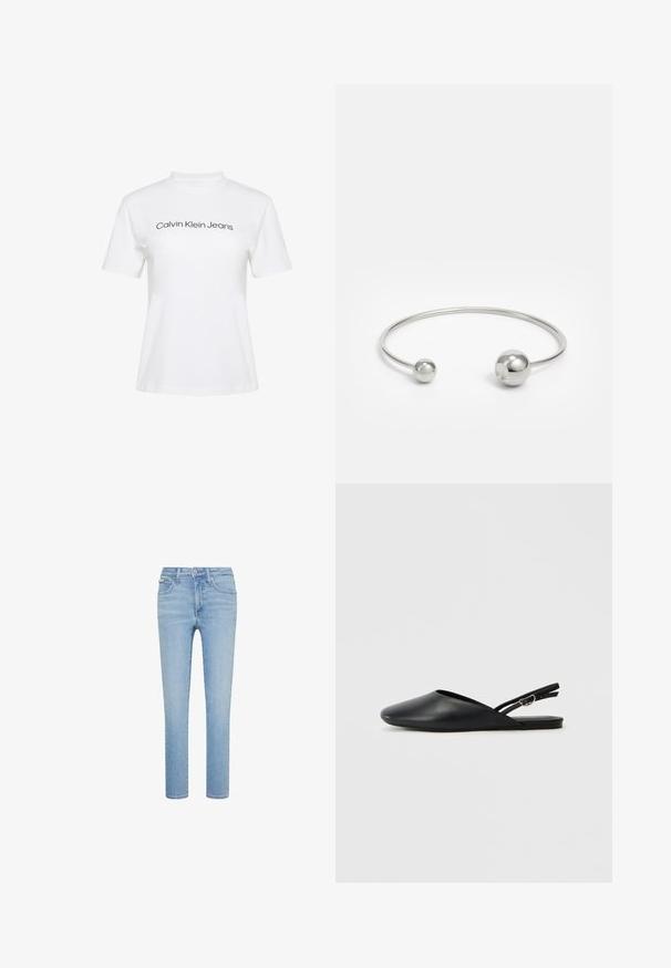 Biele bavlnené tričko s okrúhlym výstrihom a krátkymi rukávmi, na prednej strane čierny nápis "Calvin Klein Jeans".; Svetlomodré džínsové nohavice, rovný strih, päťvreckový štýl, so zapínaním na predné gombíky a zips, s jemným vyblednutím a detailmi prešití.; Čierne kožené slingback topánky s špicatou špičkou, zakriveným dizajnom a nastaviteľným prackovým remienkom. Hladká textúra, plochá podrážka, minimálne detaily.; Strieborný kovový náramok s dvoma guľatými akcentmi na každom konci, hladký povrch, otvorený dizajn a štíhly, minimalistický tvar.