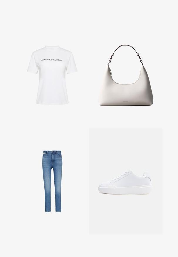 Biele bavlnené tričko s okrúhlym výstrihom a krátkymi rukávmi, na prednej strane čierny nápis "Calvin Klein Jeans".; Úzke rifle z modrého džínsového materiálu strednej farby. Majú vysoký pás, päť vreciek a kontrastné prešívanie po celom obvode.; Biely nízky topánok s viazaním na šnúrky, hrubou podrážkou a hladkým zvrškom, zobrazený z vonkajšej strany na jednoduchom svetlom pozadí.; Krémová kožená kabelka Calvin Klein cez rameno s oblým horným okrajom, strieborným zipsom a tmavo hnedým nastaviteľným remienkom.