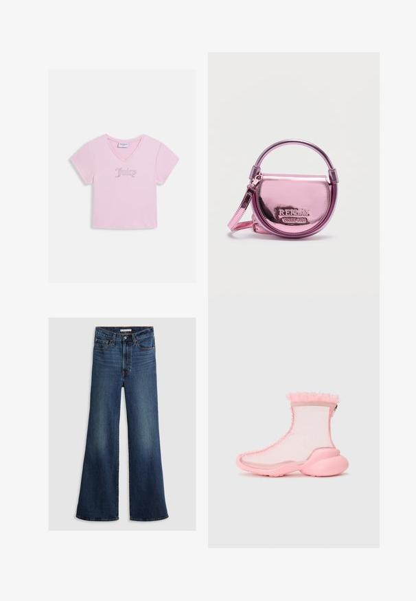 Svetlo ružový krátky crop top s výstrihom do V a krátkymi rukávmi, s nápisom „Juicy“ z kryštálikov umiestneným v strede na hrudi.; Džíny s voľným strihom v tmavomodrom denime, s vysokým pásom, piatimi vreckami a kontrastným prešívaním pozdĺž švov a v páse.; Collina Strada RUFFLE BOOTS - Klasické členkové čižmy - pink; Malá okrúhla kovová ružová kabelka s hornou rukoväťou a ramenným popruhom, logo REPLAY a reliéfny nápis „SINCE 1981“ na prednom preklade.