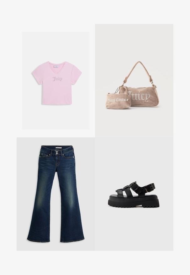Lichtroze cropped top met korte mouwen en V-hals, met de tekst "Juicy" in strass-steentjes gecentreerd op de borst.; Donkerblauwe spijkerbroek met superlage flare, voorzien van voor- en achterzakken, dubbele knoopsluiting en vervaagde details op de bovenbenen en knieën.; Zwarte platformsandaal met dikke zool, drie lederen bandjes en twee zilveren gespsluitingen, zijaanzicht tegen een grijze achtergrond.; Twee beige suède Juicy Couture-tassen, één een kleine polstas met logo, de andere een schoudertas met strass-steentjes die het woord "Juicy" vormen.