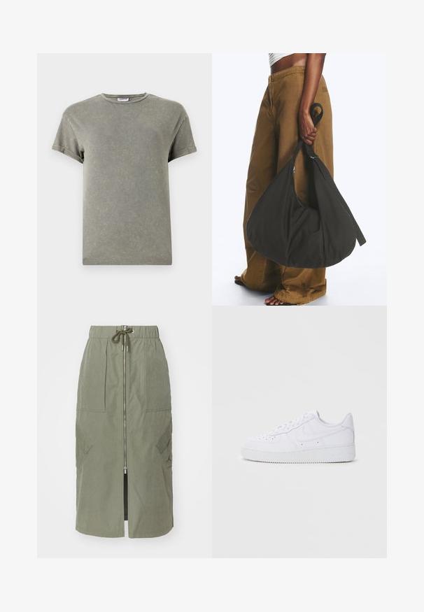 Verbleekte groene t-shirt, korte mouwen, ronde halslijn, zachte katoen materiaal, licht versleten textuur, casual pasvorm.; Olijfgroene midi-skirt gemaakt van lichte stof, met een voorkantoor, een elastische tailleband en grote zijzakken met schuine kleppen.; Witte Nike Air Force 1 sneakers met een leren bovenwerk, ronde neus, vetersluiting, gewatteerde kraag en textuurrubberzool.; Persoon met bruine wijde broek en wit topje houdt een grote zwarte zachte handtas aan het hengsel bij hun zijde vast.