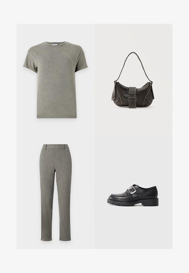Camiseta verde desvanecida, de manga corta, con cuello redondo, material de algodón suave, textura ligeramente desgastada, corte casual.; Pantalones ajustados gris tailored con trabillas para cinturón y bajos remangados, adecuados para ropa formal o de oficina.; Zapatos de cuero negro con puntera redonda, que presentan un detalle de hebilla lateral y una suela gruesa y resistente. Textura suave con costuras mínimas.; Bolso de hombro de cuero negro con detalle de correa con hebilla, bordes curvos y costuras blancas en contraste sobre un fondo liso.