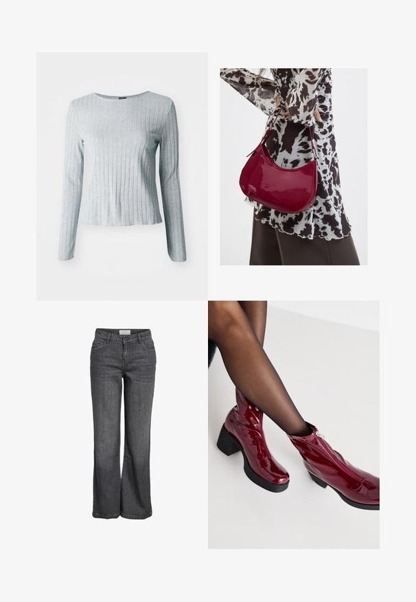 Grå ribbet langærmet bluse med rund halsudskæring, lavet af blødt tekstureret stof; har en let udvidet kant for en afslappet pasform.; Bredde ben jeans i mørkegrå denim. Har høj talje, traditionelt fem-lomme design og en ren kanten uden udsmykning.; Røde ankelstøvler i patenteret læder med en kraftig sort hæl og lynlåsdetalje. Glat tekstur, elegant design med en rund tå.; Kvinde iført en sort- og hvidmønstret bluse, der holder en blank rød skuldertaske mod en ensfarvet baggrund.