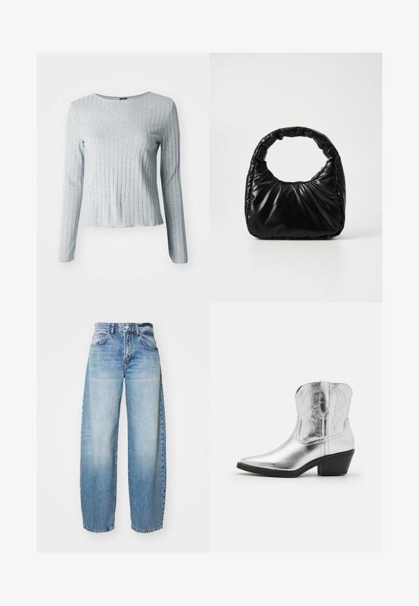 Top gris de manga larga con canalé y escote redondo, confeccionado en una suave tela texturizada; presenta un dobladillo ligeramente acampanado para un ajuste relajado.; Jeans de pierna ancha en color azul claro con un acabado desgastado, cinco bolsillos y cierre de botón. La tela es denim, con costuras clásicas y un corte relajado.; Botas de vaquero de cuero plateado con puntera afilada, detalles bordados en el eje y un tacón negro moderado. Superficie lisa y brillante.; Bolso negro acolchado con un asa redondeada, que presenta una superficie lisa y brillante y una textura suave y acolchada. Sin herrajes ni acentos visibles.