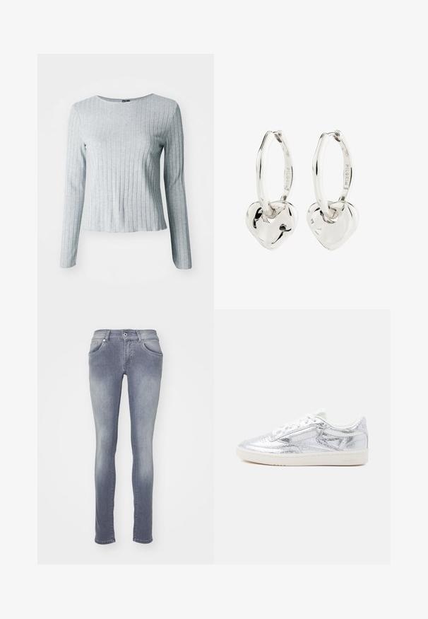 Grå ribbet langærmet bluse med rund halsudskæring, lavet af blødt tekstureret stof; har en let udvidet kant for en afslappet pasform.; Slank jeans i en mellemgrå vask, lavet af denim. Har fem lommer, bæltestropper og en falmet effekt omkring lår og knæ.; Lavtop sneaker med hvid sål, metalisk sølv tekstureret overdel, hvide snørebånd og subtilt mærkelogo på grå baggrund.; Sølv øreringe med en glat, rundet hjertevedhæng, der hænger fra hver hoop mod en hvid baggrund.