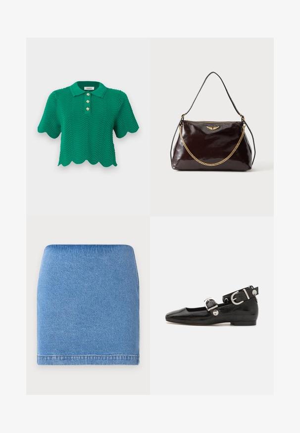 Grøn kortærmet strikket polo med bølget struktur, bølgede kanter og tre dekorative guldknapper under kraven.; Lysblå denim mini nederdel med en tætsiddende pasform, lige kant og subtil tekstur. Ingen synlige lukninger eller lommer.; Sorte patenteret lædersko med firkantet tå, ankelrem med sølvhardware og flad sål. Glat tekstur med minimalistisk design.; Mørkebrun blank læderhåndtaske med et gyldent vingeemblem, gyldent kædedetalje og en tynd læder skulderrem på en ensfarvet baggrund.