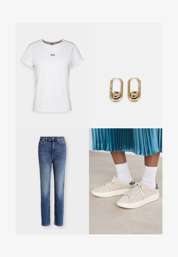 Weißes Baumwoll-T-Shirt mit kurzen Ärmeln, Rundhalsausschnitt und kleinem schwarzen "BOSS"-Logo auf der Brust, mit einer glatten Textur.; Midblaue Jeans mit hoher Taille und geradem Bein, vorne Taschen, Gürtelschlaufen, Knopfverschluss und dezenten, ausgewaschenen Details an Oberschenkeln und Knien.; Beige Wildleder-Sneaker mit einer weißen Gummisohle und Schnürdesign. Akzentuiert mit einem strukturierten schwarzen Rückenelement. Tragen Sie sie mit weißen gerippten Socken.; BOSS DOUBLE B SWING - Ohrringe - gold-coloured