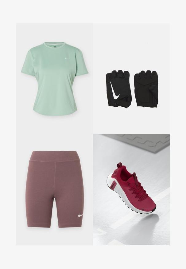Vaaleanvihreä, lyhythihainen Nike-urheilupaita pyöreällä pääntiellä ja pienellä valkoisella Nike-swoosh-logolla vasemmassa rinnassa.; Pyöräilyshortsit hillityssä mauven sävyssä, valmistettu joustavasta kankaasta. Niissä on korkeavyötärö ja pieni valkoinen Nike-swoosh-logo.; Punainen urheilukenkä, jossa on teksturoitu päällinen, nauhat ja paksu valkoinen pohja. Varressa on kontrastoiva musta varvasosa ja logo sivussa.; Mustasta sormettomasta kuntosalihanskat, jotka on valmistettu hengittävästä kankaasta. Niissä on valkoinen Nike-logo, pehmustetut kämmenet ja avoin ranneosa, joka tarjoaa joustavuutta.