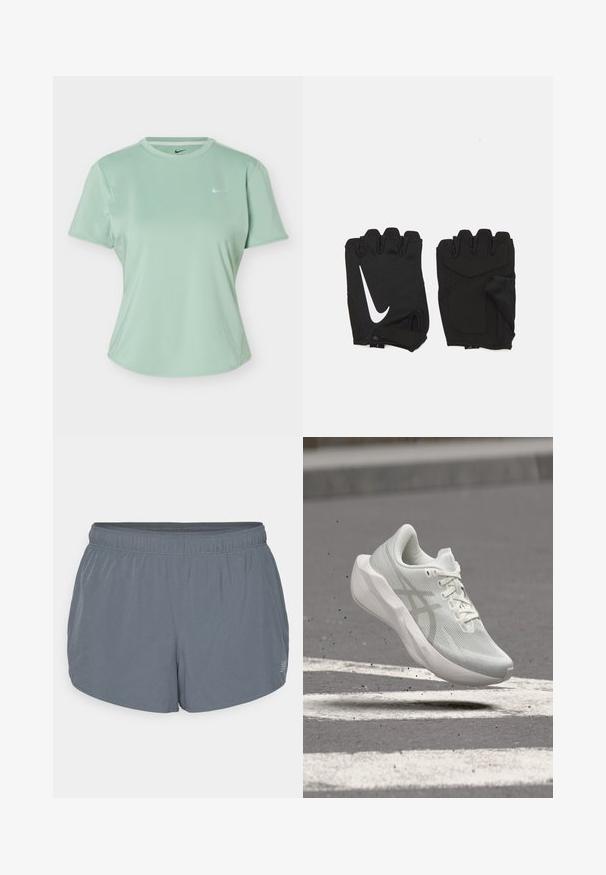 Lys grøn kortærmet Nike sport T-shirt med rund hals og lille hvid Nike swoosh-logo på venstre bryst.; Grå athletic shorts med en blød tekstur, elastisk talje og en let buet kant. Har små perforeringer for åndbarhed.; Hvid løbesko med tyk sål og mesh-overside, der svæver over en asfaltvej med hvide afmærkninger og små affaldsstykker.; Sorte fingerløse træningshandsker lavet af åndbart stof, med et hvidt Nike-logo, polstrede håndflader og et åbent håndledsdesign for fleksibilitet.