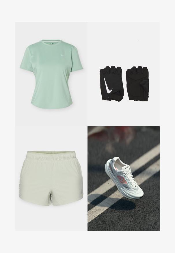 Lys grøn kortærmet Nike sport T-shirt med rund hals og lille hvid Nike swoosh-logo på venstre bryst.; Lys grønne atletiske shorts lavet af åndbart stof, med perforeret tekstur og elastisk talje. Logo trykt på siden.; Hvid New Balance løbesko med pink og orange logo, i luften over en asfaltvej med hvide vognbanemærker.; Sorte fingerløse træningshandsker lavet af åndbart stof, med et hvidt Nike-logo, polstrede håndflader og et åbent håndledsdesign for fleksibilitet.