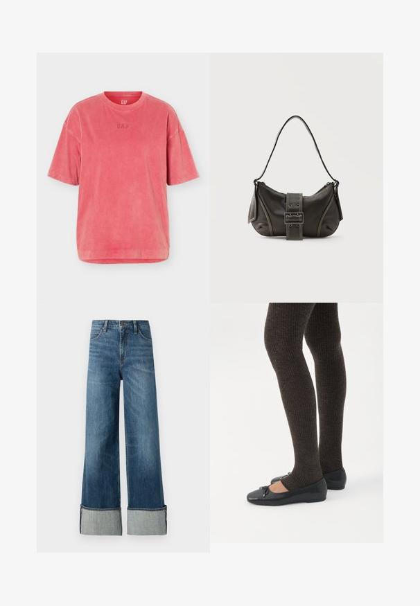 Koraalroze katoenen T-shirt met korte mouwen, ronde hals en subtiel GAP-logo op de borst.; Lee STELLA - Wide leg - richter; Benen met donkere geribbelde leggings gecombineerd met zwarte ballerina's met kleine strikdetails op een witte achtergrond.; Zwarte leren schoudertas met gespsluiting aan de riem, afgeronde hoeken en contrasterende witte stiksels op een effen achtergrond.