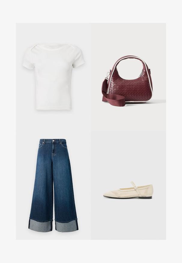 Weißes kurzärmeliges geripptes Strick-Top für Babys oder Kleinkinder mit rundem Ausschnitt und Schulterknöpfen vor einfachem Hintergrund.; Weite Jeans aus Denim in dunkler Waschung mit einem ausgewaschenen Finish. Verfügt über einen rohen Saum und eine hellere Denim-Bündchen. Inklusive Fronttaschen und Knopfverschluss.; Beige Ballerinas mit spitzem Zeh, einer Überlagerung aus Netzdesign und einem seitlichen Schnallenriemen. Flache Sohle mit glatter Textur.; Dunkelrote gewebte Ledertasche mit gebogenem Griff, weißem Besatz, silbernem Reißverschluss und abnehmbarem breitem Stoff-Schulterriemen vor einfarbigem Hintergrund.