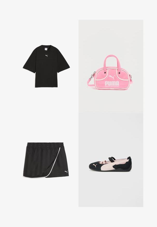 T-shirt de sport noir à manches courtes avec col rond et logo Puma blanc centré sur la poitrine sur fond blanc.; Jupe-short de sport noire avec fines rayures verticales, bordure blanche, taille élastique et petit logo Puma sur le bas du côté droit.; Ballerines en suède noir et rose clair avec des sangles élastiques, un bout arrondi et une semelle en caoutchouc texturée, arborant un petit logo à l'avant.; Sac à main rose brillant avec deux poignées, accents blancs et un logo PUMA bien visible. Comprend une bandoulière amovible et une fermeture éclair.