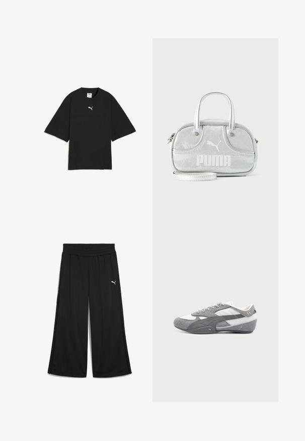 T-shirt de sport noir à manches courtes avec col rond et logo Puma blanc centré sur la poitrine sur fond blanc.; Pantalon de sport noir avec une taille élastique, boutons-pression sur les côtés et logo Puma blanc à l'avant. Fabriqué en tissu léger.; Baskets grises et blanches à lacets avec panneaux en suède et mesh, semelle basse et logo Puma sur le côté, vues de l'extérieur.; Petit sac à main Puma argent métallisé avec deux poignées supérieures, une longue bandoulière, logo sur le devant et fermeture zippée sur fond uni clair.
