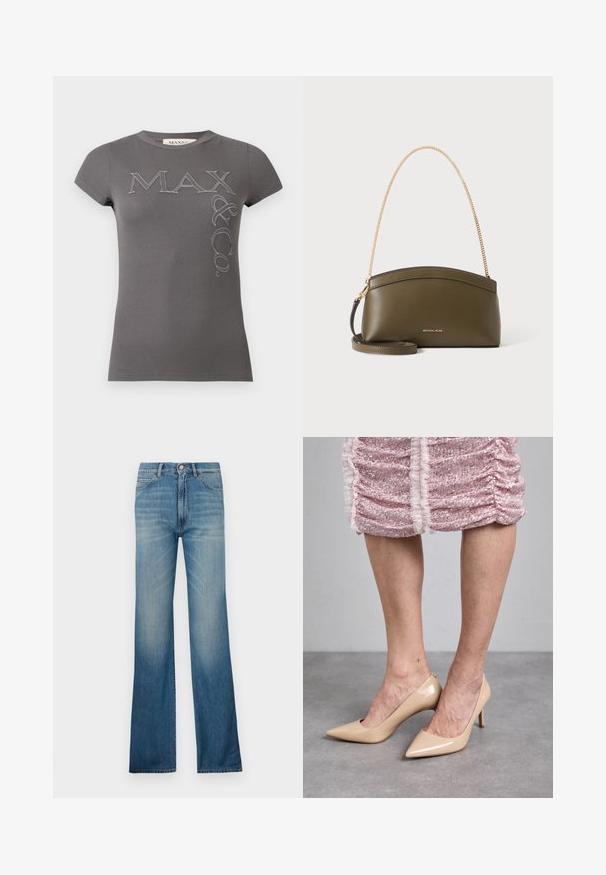 Donkergrijs geribd T-shirt met korte mouwen en het logo "MAX & CO." gestikt over de borst en verticaal aan de rechterkant.; Blauwe denim flared jeans met een lichte wassing, voorzien van traditionele vijf-pocket styling en een knoopgulp. Rechte pijpen.; Beige lakleren hoge hakken met een spitse neus en een slanke hak. Gladde textuur met een strakke vormgeving. G'dragen met een roze pailletten jurk.; Olijfgroene Michael Kors-handtas met gouden kettingschouderband, gebogen bovenkant en klein goud logo aan de voorkant, getoond tegen een witte achtergrond.