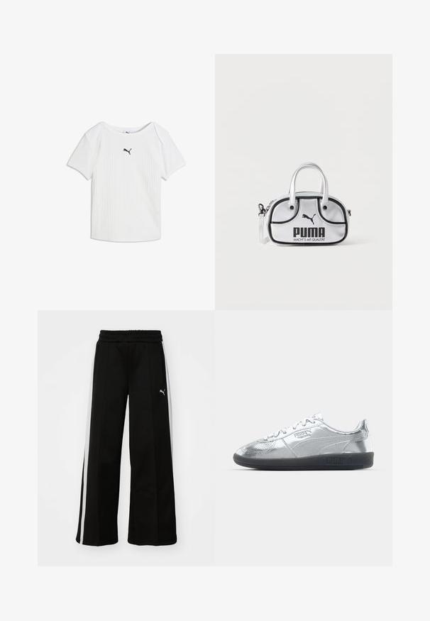 Hvid ribstrikket T-shirt med korte ærmer, rund halsudskæring og et lille sort Puma-logo i midten af brystet.; Sorte bukser med vide ben, elastisk talje, lodrette hvide striber, sidelivlommer og et lille logo på låret.; Sølv sneakers med en glat, reflekterende overdel, der har sorte gummisåler og klassisk snøredesign. Puma-logo på siden.; Lille sølvfarvet Puma håndtaske med sorte kanter, to håndtag, aftagelig skulderrem og Puma-logo med slogan foran.