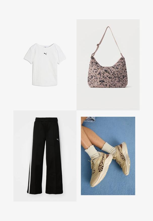 Camiseta blanca acanalada de manga corta con escote redondo y un pequeño logo negro de Puma en el centro del pecho.; Pantalones anchos negros con cintura elástica, rayas blancas verticales, bolsillos laterales con cremallera y un pequeño logo en el muslo.; Piernas cruzadas con zapatillas Puma beige con rayas de estampado de leopardo y calcetines crema con volantes sobre una alfombra azul.; Bolso de hombro rosa claro con patrón de manchas negras abstractas y correa ajustable, con un pequeño logo de Puma dorado en el centro delantero.