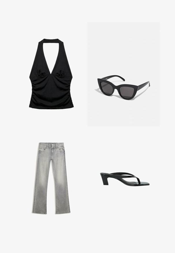 Top noir à col halter avec un profond décolleté en V et des côtés froncés, conçu pour une silhouette ajustée et stylée.; Jeans flare en denim gris avec une finition délavée, dotés d'une fermeture à bouton, de cinq poches et de coutures le long de la taille et de l'ourlet.; Sandale à talon en cuir verni noir avec bout carré et talon carré de hauteur moyenne, vue de côté sur fond blanc.; Lunettes de soleil noires en forme d'œil de chat avec une finition mate, dotées de verres teintés gris, d'angles aigus et de branches élégantes. Nom de la marque visible sur la branche intérieure.