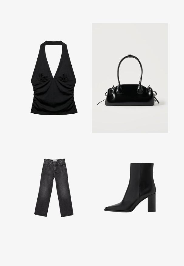Top noir à col halter avec un profond décolleté en V et des côtés froncés, conçu pour une silhouette ajustée et stylée.; Jean noir à jambes larges avec poches avant et arrière, fermeture par bouton et passants de ceinture, posé à plat sur fond blanc.; Botte chelsea en cuir noir avec un bout pointu, un talon carré, une texture lisse et des détails de couture le long des coutures. Les talons mesurent environ 8,9 cm.; Petit sac à main noir brillant avec deux longues anses et des détails à cordon sur les côtés sur un fond clair uni.