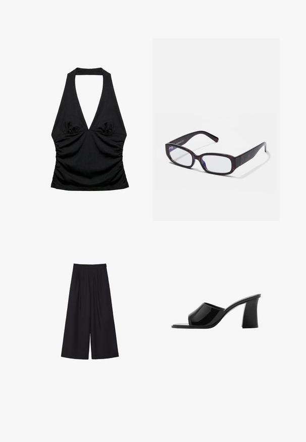 Čierny halter top s hlbokým výstrihom do V a nariasenými stranami, navrhnutý pre priliehavý a štýlový vzhľad.; Čierne široké nohavice s plisovaním, vyrobené z hladkej tkaniny. Majú vysoký pás a čistý, prispôsobený strih.; Čierne sandále s otvorenou špičkou a lesklým lakovaným povrchom, štvorcovou špičkou a dizajnom masívneho podpätku. Elegantný siluet a hladká textúra.; Hnedé korytnačinové oblé okuliare s priehľadnými sklami a elegantnými ramenami, s hladkou textúrou a minimalistickým dizajnom.
